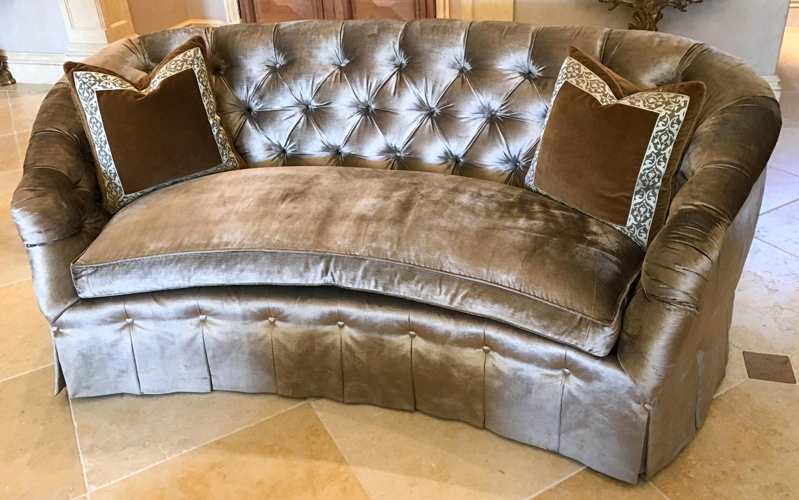 Carl Kisabeth Upholstered Sofa: Excellent Condition, Velvet And Down Pillows Not Included. Overall 80w x 37d x 34h. Seat is 21h