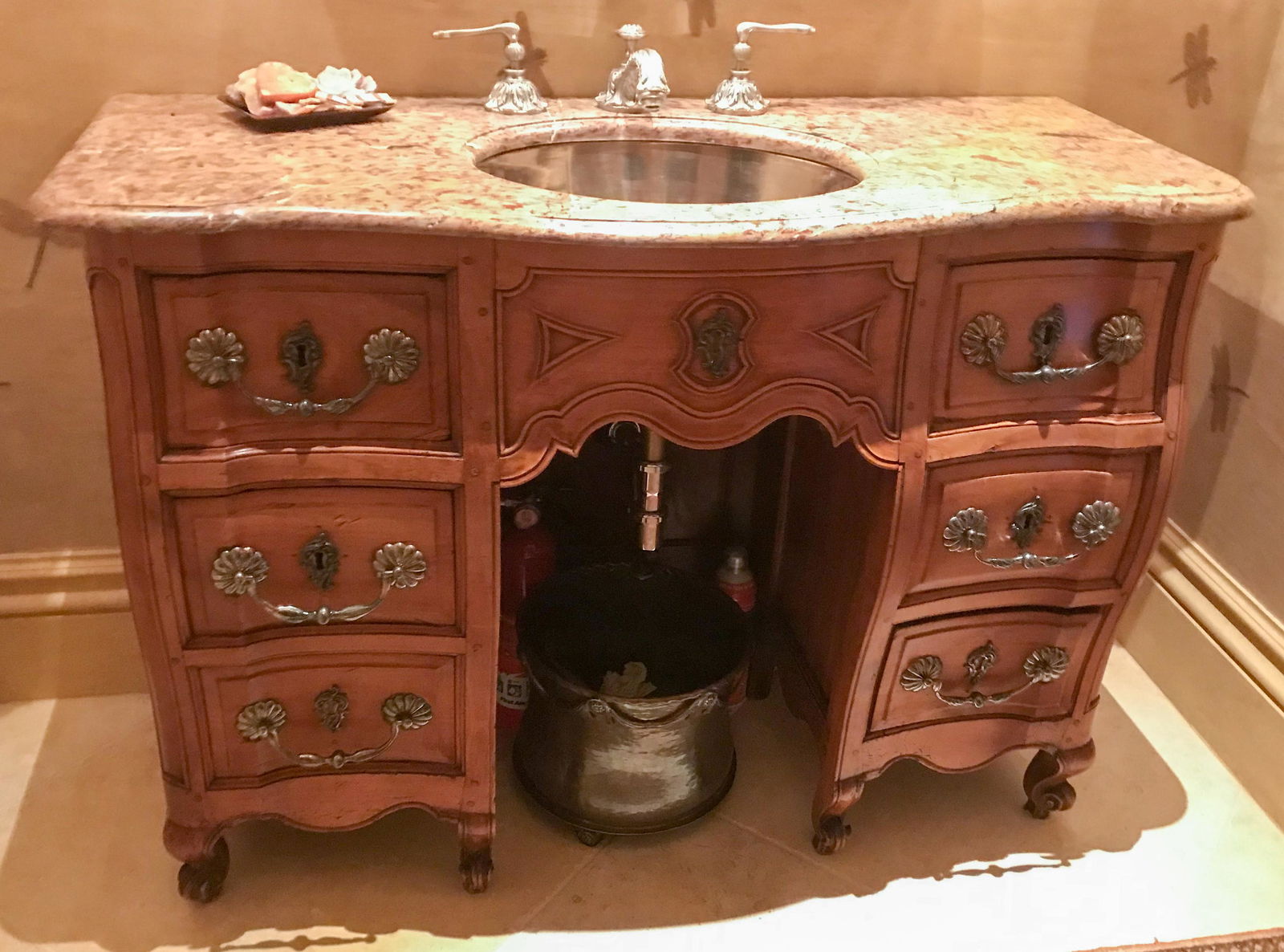 Rare 18th Century Marble Topped Fruitwood Vanity: With Custom Marble Top And High End Lavatory And Faucets, Manner Of Sherle Wagner, 45 X 17.5 X 32, Great Patina And Hardware, From Provence