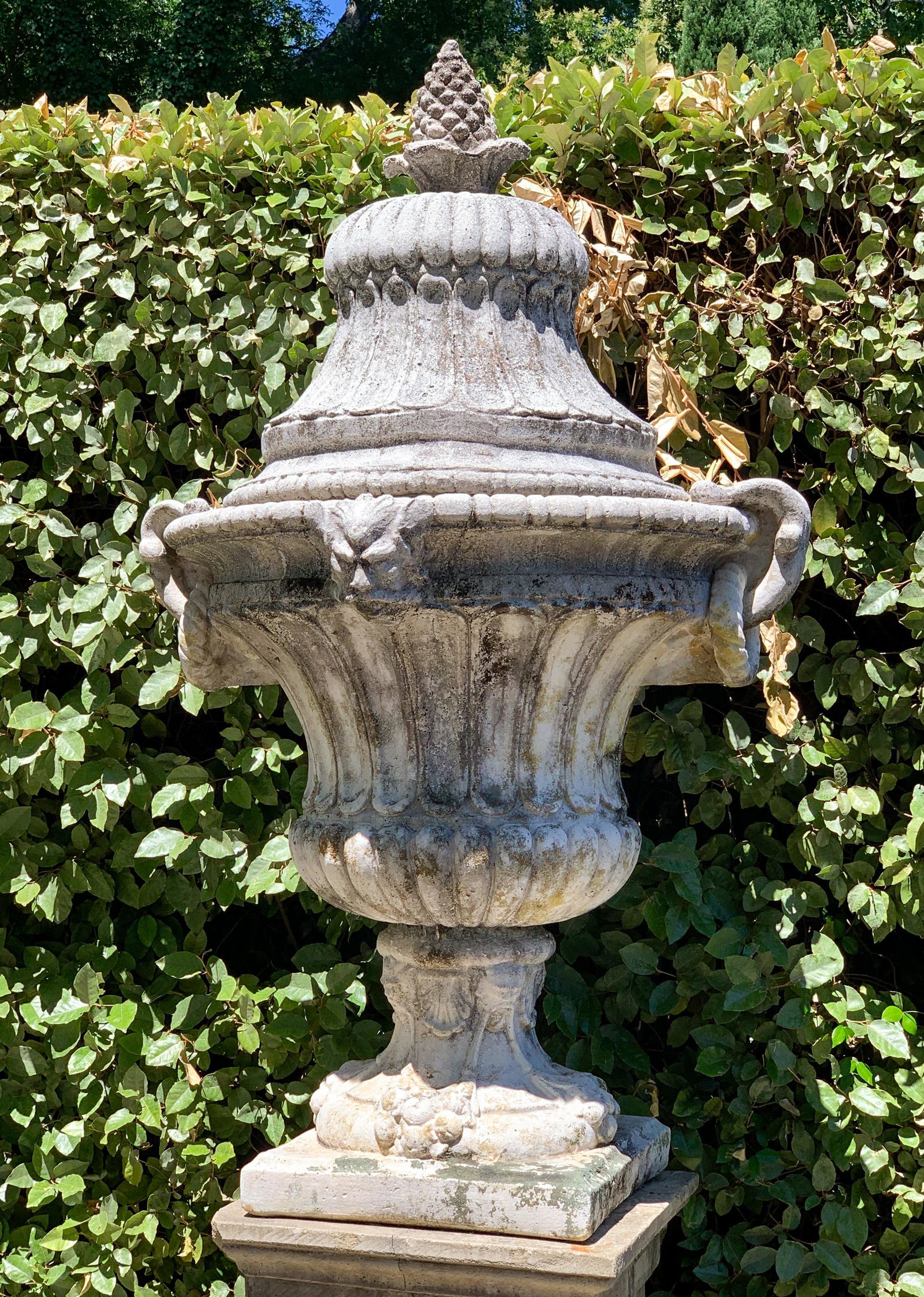 Large Pair Of Antique French Cast Stone Urns: Each approximately 44h X 34w Good Age And Patina; Note Large Size. Bases not included.