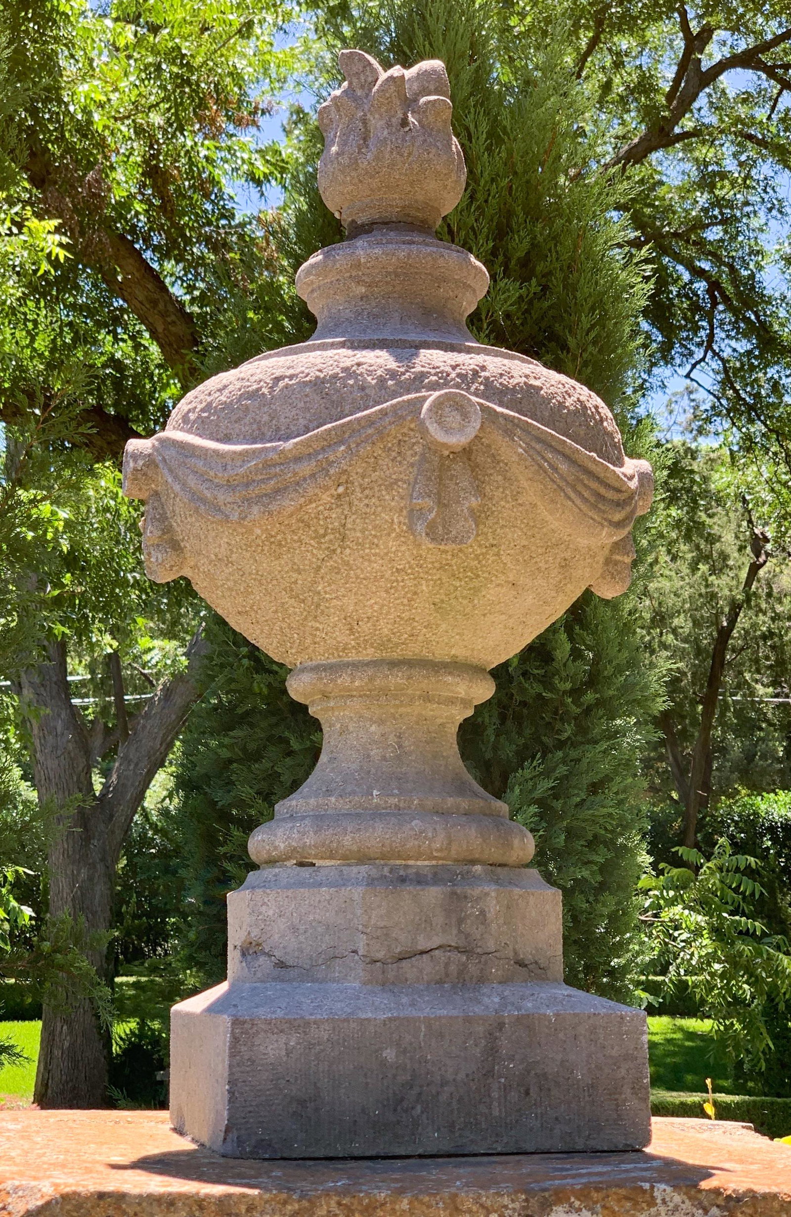 Large Pair Of French Style Stone Finials: Cast Stone With Good Aged Patina. Good Condition Each 29h X 13w