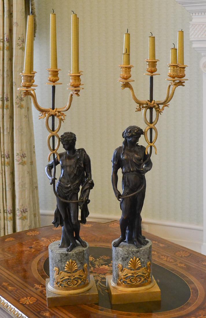 Pair Of Bronze & Marble Candelabra: Fabulous Late 19th Century Pair Of Gold-gilt And Patinated Bronze Candelabras Fashioned As Elegant Maidens In Flowing Robe Holding Four Lights. Each On A Dore Bronze And Marble Plinth. 27h X 8w. One h