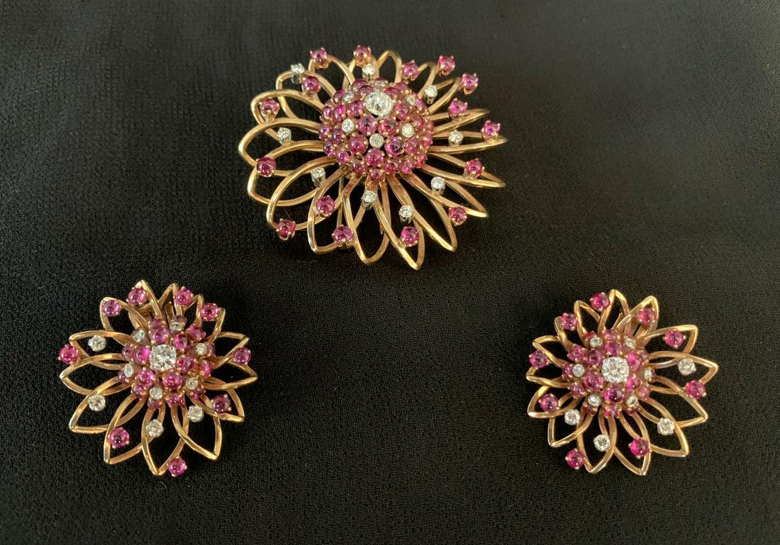 14k Gold, Ruby And Diamond Brooch And Earrings: Brooch 29.3 grams with 1.5 ct diamond; Earrings 12.5 grams with 1 ct. diamond