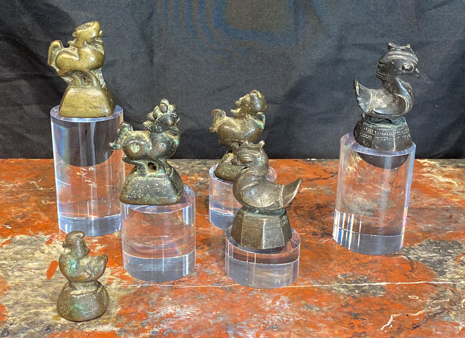 6 Burmese Opium Weights: Used For Weighing Gold And Silver And Nicknamed Opium (5 Have Lucite Bases) Crane, Beast, Lion