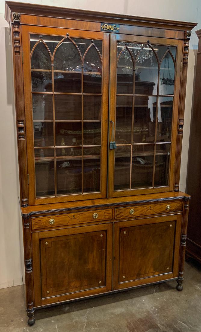 Sheraton Mahogany Bookcase, C. 1840: Original Glazed Doors; Base Fitted With Two Drawers And Cupboards Accented With Ebony String Inlay. Finely Aged Patina. Good Antique Condition. Note: Right Center Section Of Glass Is Cracked. 87 High