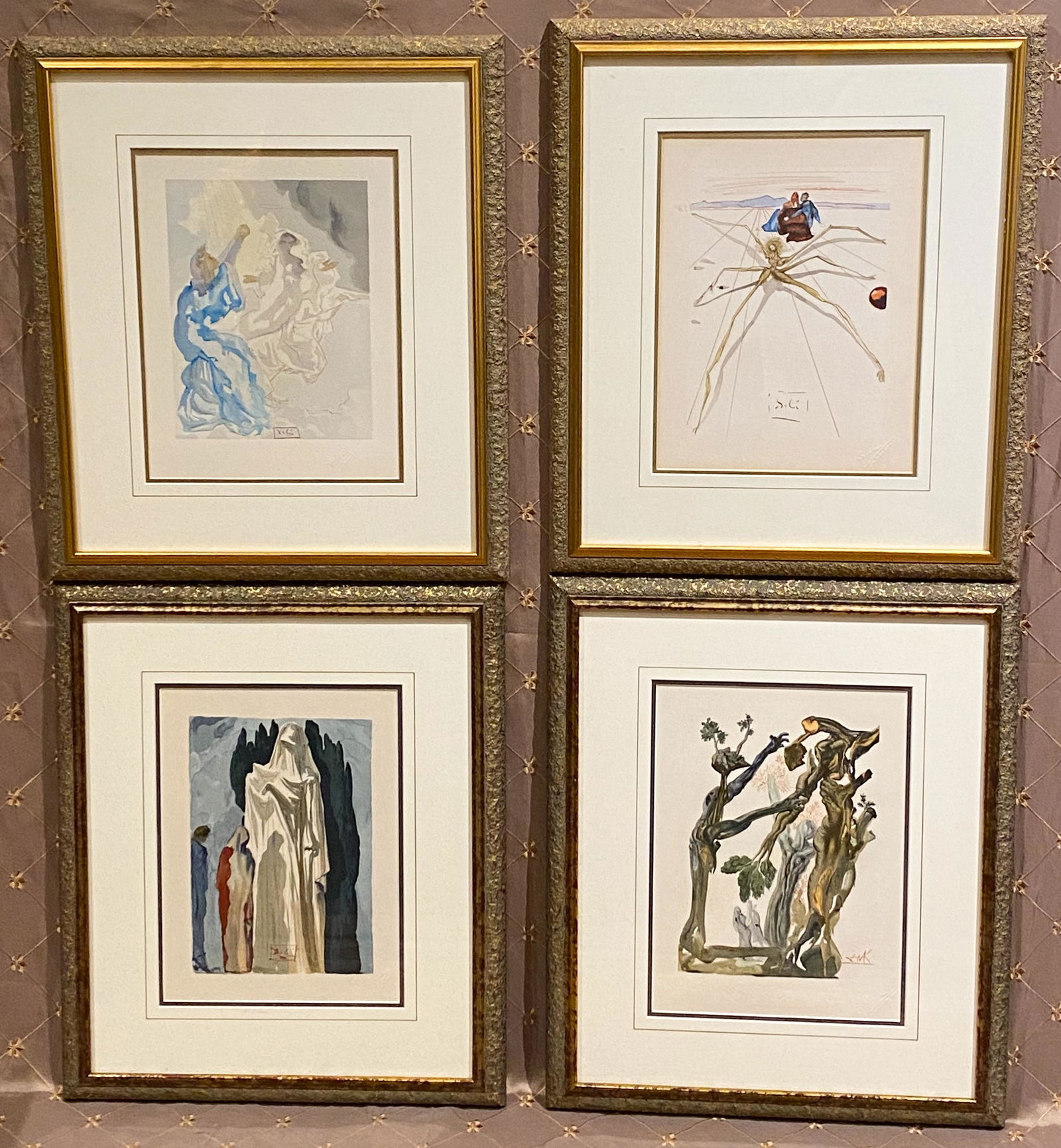 Salvador Dali, Original Wood Block, 4 Pcs: 17.5 X 20 Wood Engraving In Color On Rives Paper After A Watercolor, Signed In The Block. Blindstamp Of The Editor, J. Estrade. One Of 100 Images From The Divine Comedy. Published By Les Editions D Ar