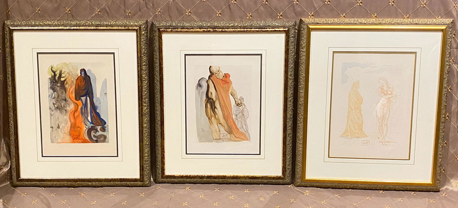 Salvador Dali, Original Wood Block, Set 3: Wood Engraving In Color On Rives Paper After A Watercolor, Signed In The Block. Blindstamp Of The Editor, J. Estrade. One Of 100 Images From The Divine Comedy. Published By Les Editions D Arts Heures