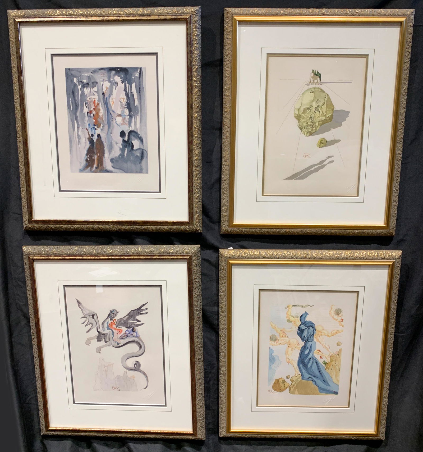 Salvador Dali, Original Wood Block, Set 4: 17.5 X 26 Wood Engraving In Color On Rives Paper After A Watercolor, Signed In The Block. Blindstamp Of The Editor, J. Estrade. One Of 100 Images From The Divine Comedy. Published By Les Editions D Ar