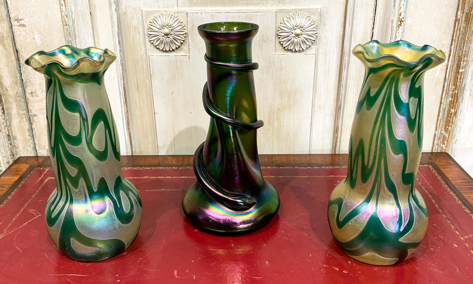 3 Art Glass Vases, Manner Of Loetz: And Tiffany influence, unsigned