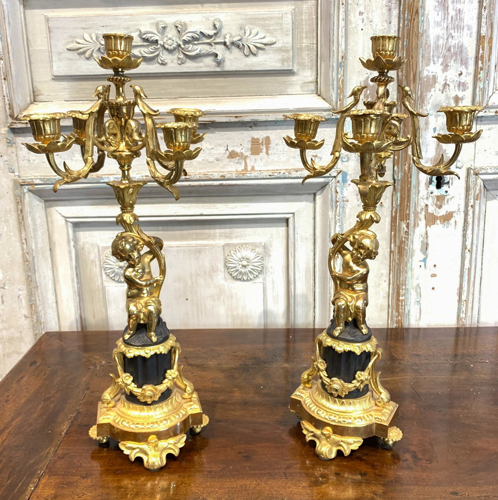 Good Pair Of French Candelabra: Gilt Bronze 5-light ; 18 H