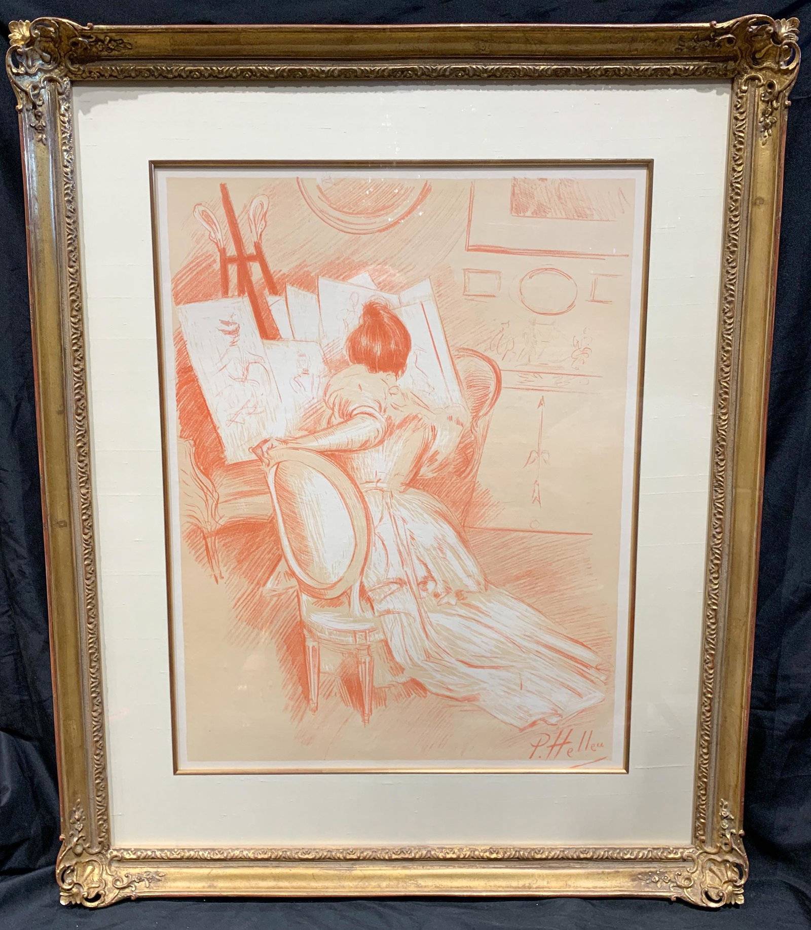 Paul Cesar Helleu, French 1859-1927: Large Dry Point Drawing Of Belle Epoque Lady, 41 X 33 In Nice Frame With Silk Matte