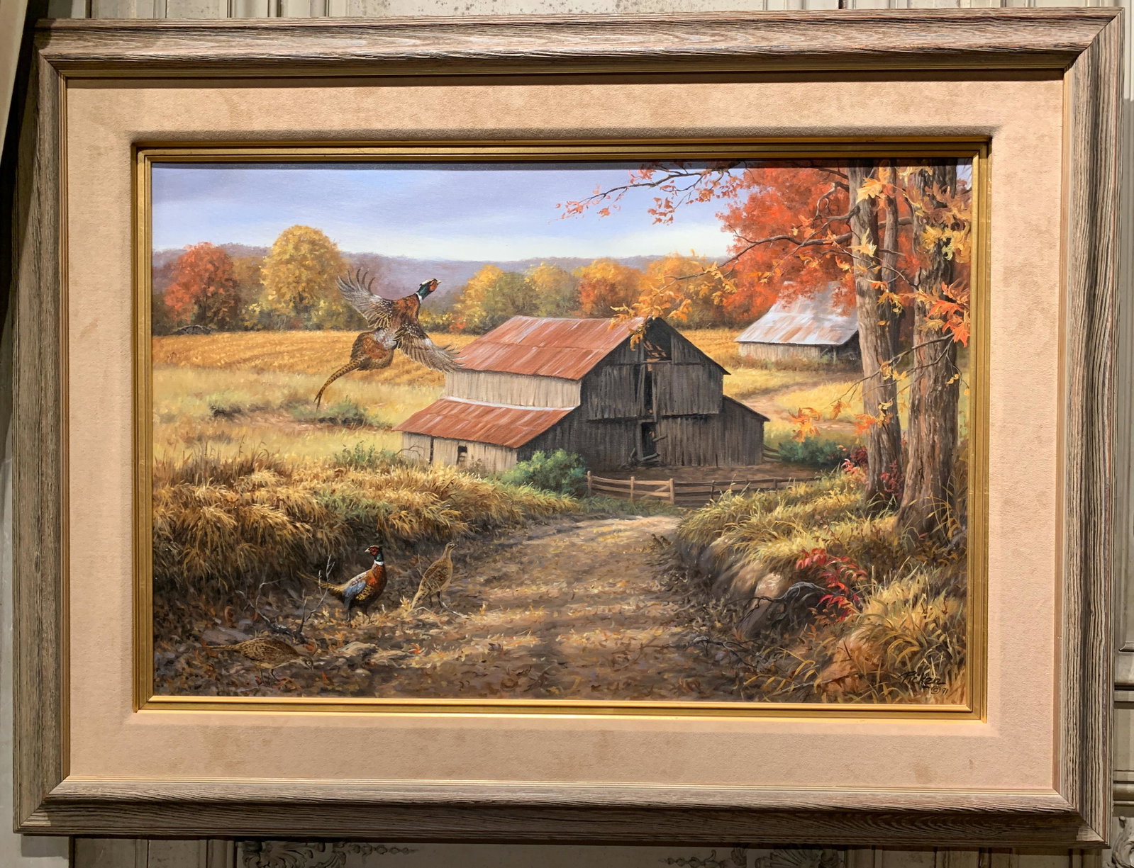 Framed Oil On Canvas Of Pheasants: Pheasants In A Barn Yard 48 X 36 Signed Picken '91