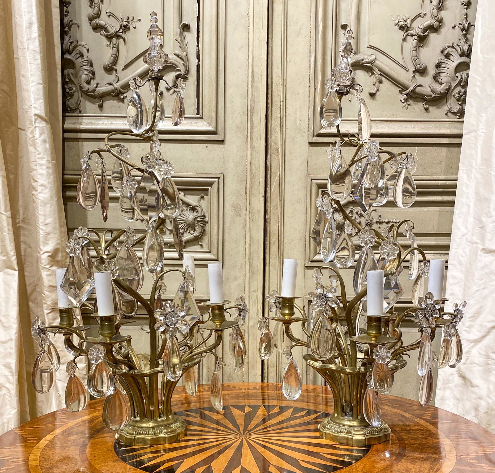Pair Of Cast Brass French Girandoles: 15x31.5, Twisted Form With Heavy Prisms And Drops. See Photos For Typical Antique Condition And One Arm Attachment
