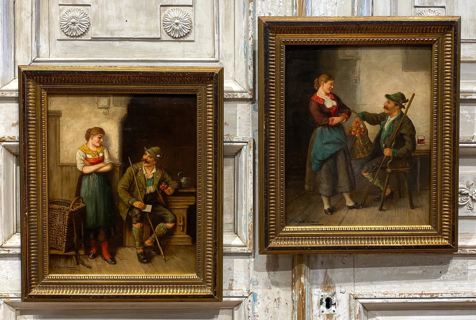 19th C. Pair Of German Bavarian Interior Scenes: 20.25x17.75, Oil On Board, Signed E. Waldmann (?) Great Antique Condition