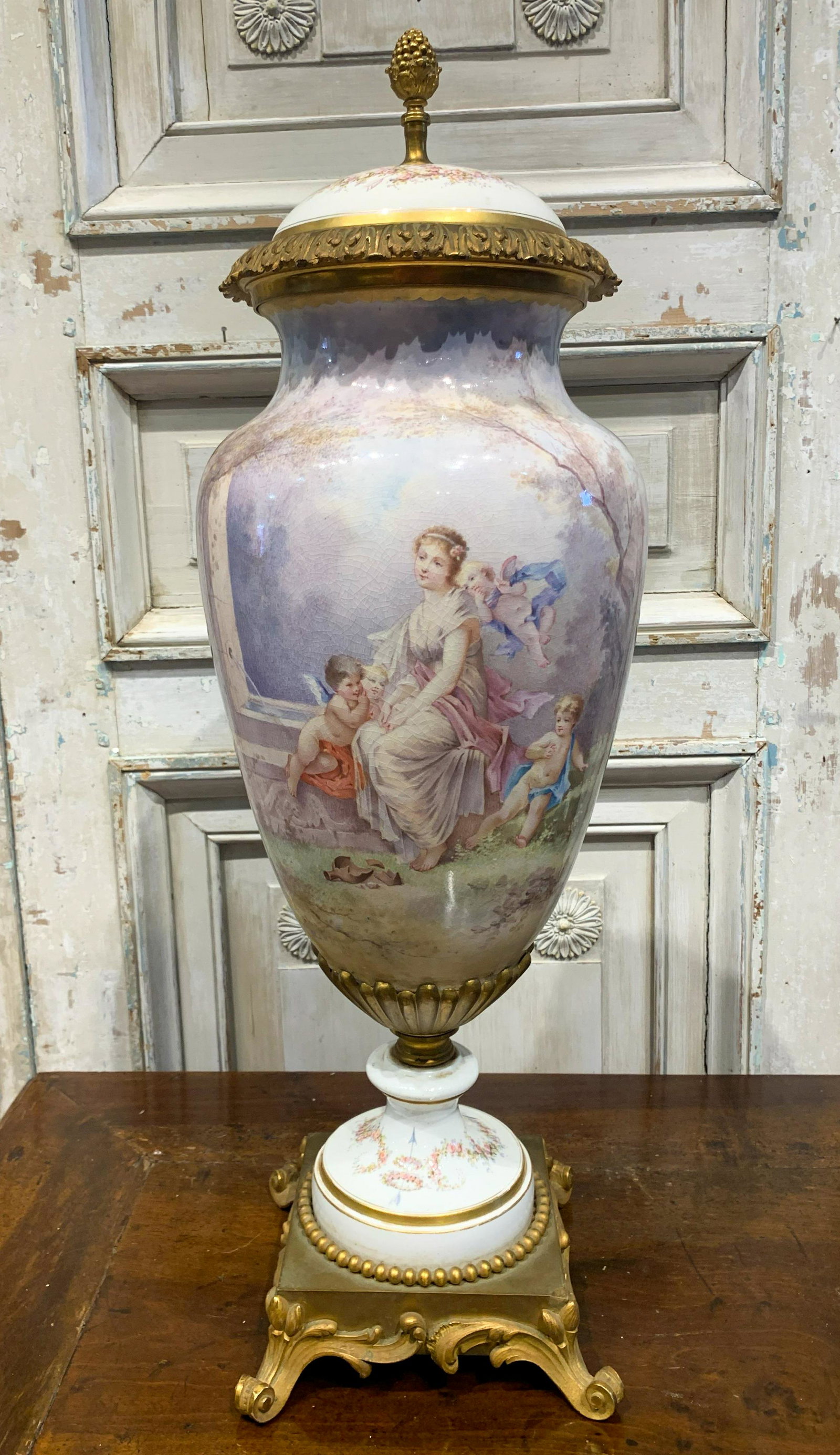 French Sevres Style Palace Vase: Beautifully Executed Romantic Scene. 29 H X 10 See Photo For Under Glaze Mark. Appears Base And Top Are Mismatched Sections - Color Variations And Top Likely Not Original.