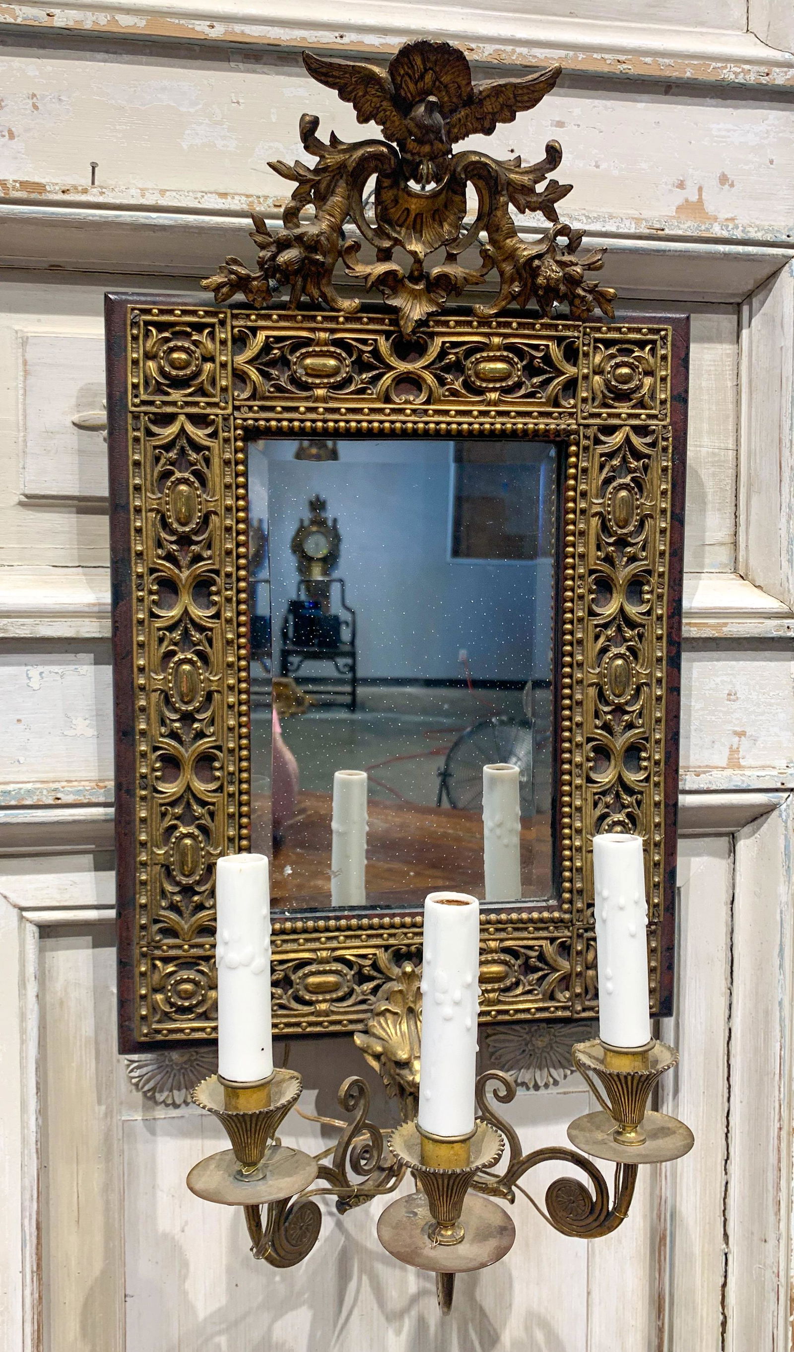 A Fine Quality French Bronze Mirror: Attached To A Mahogany Back Plate, With Candle Holders, C. 1900