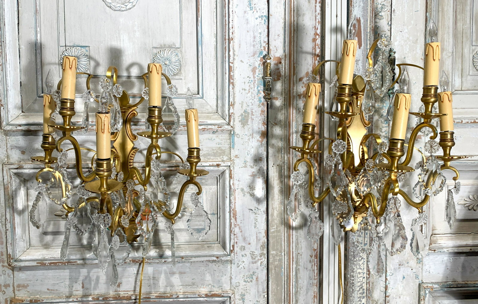 Exquisite Pair Of French Wall Sconces: Satin Bronze, Recently Properly Electrified, With Heavy Crystal Prisons; 20 H X 16 W X 10 D, Excellent Condition