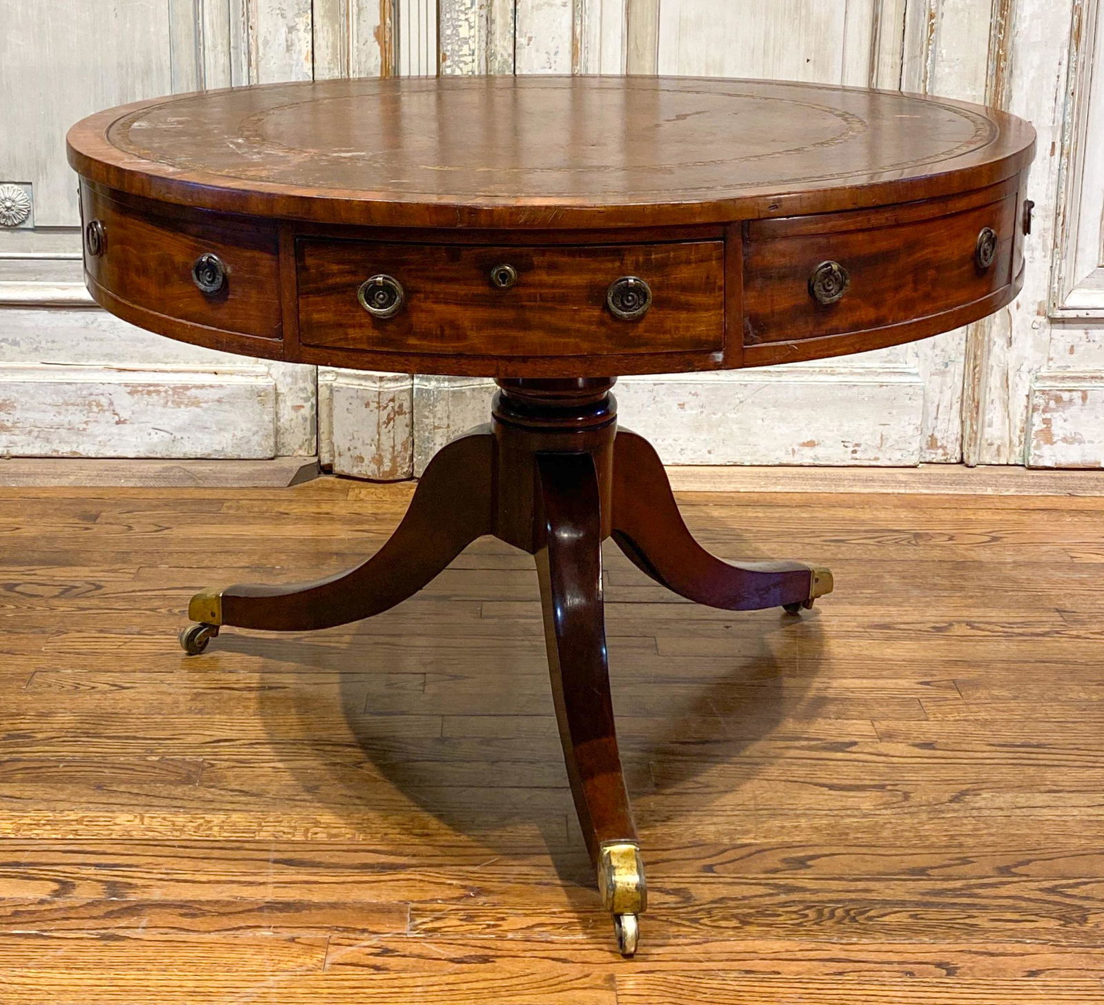 A Good English Regency Style Rent Table: Mahogany 19c With Leather Top. Stationary And Locking Drawers (unlocked, No Key). On Casters. See Photos For Condition. 41x29.5 Good Antique Piece C. 1870