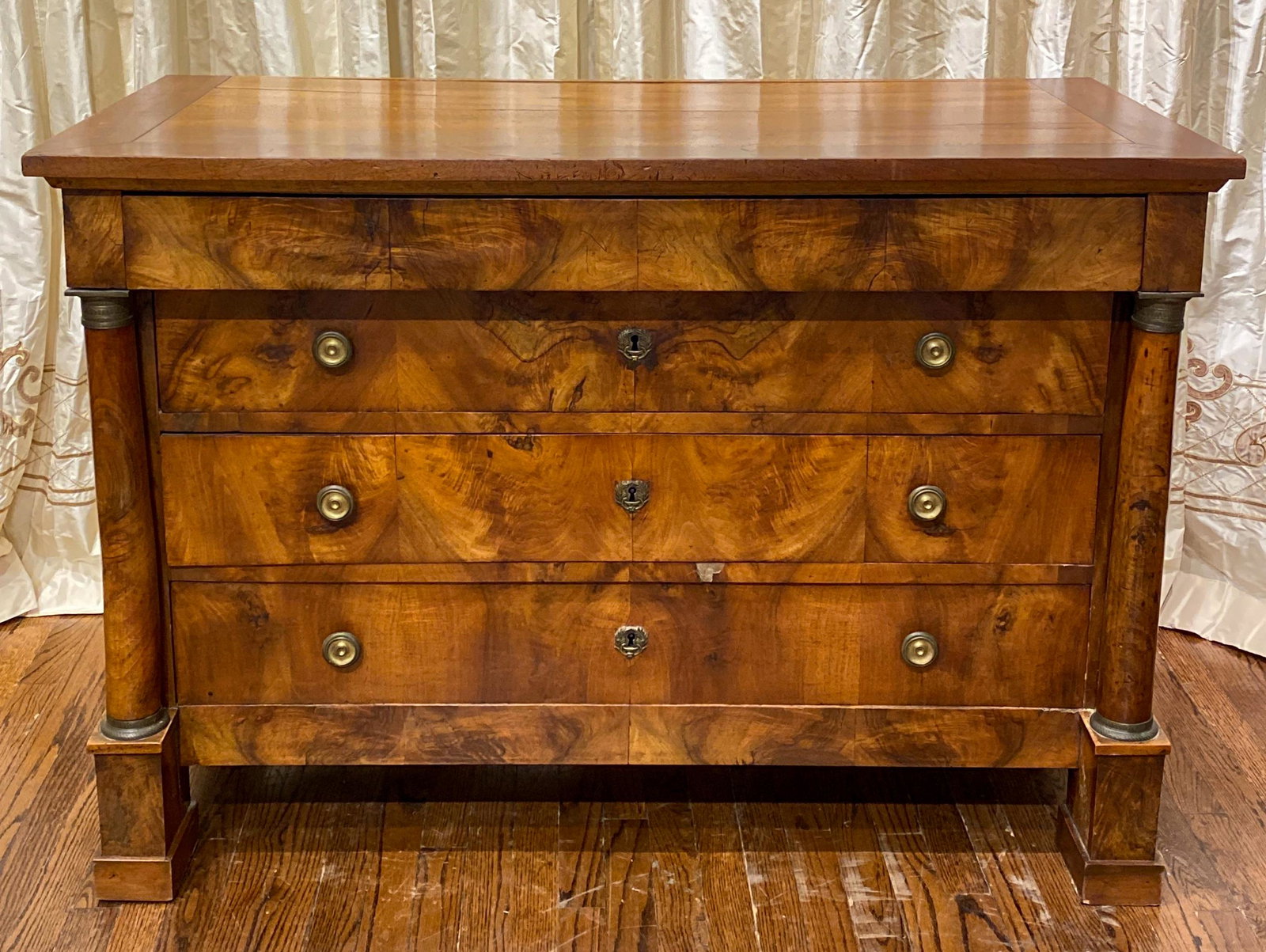 Beautiful French Empire Commode, Crotch Mahogany: 51x25x35, great color and patina,c. 1850 Good antique condition; needs Touchup. See photos.