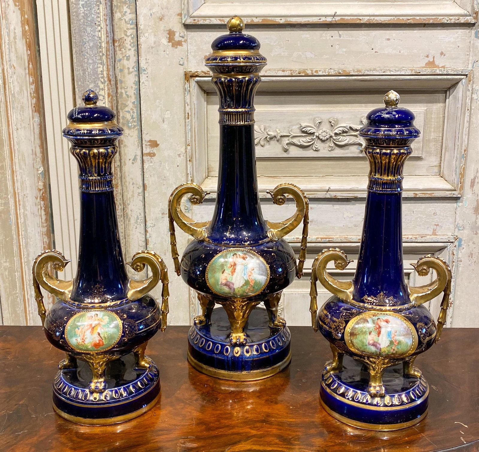 3 Pc. Vienna Porcelain Garniture: With Brass Mounts, Has Beehive Mark Under Glaze, C. 19th C.