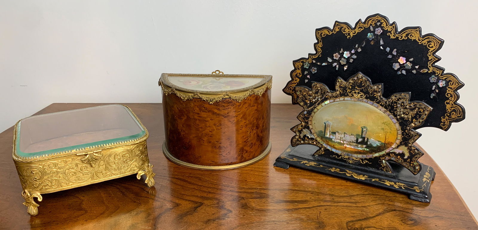 3 Pc Lot Inc. A French Burl Cigarette Box: Papier Mache Letter Holder And A French Box; Great Condition