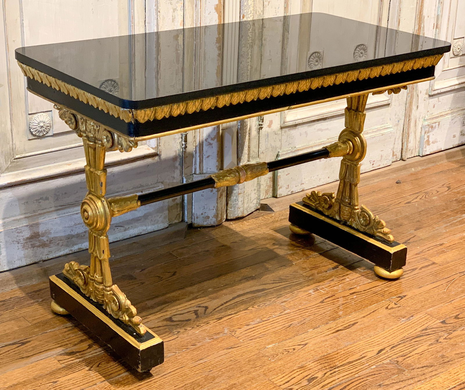 Antique French Napoleon III Occasional Table: Gilded Iron And Black Lacquer With Black Granite Top. Circa 1920. 42w X 22d X 29h