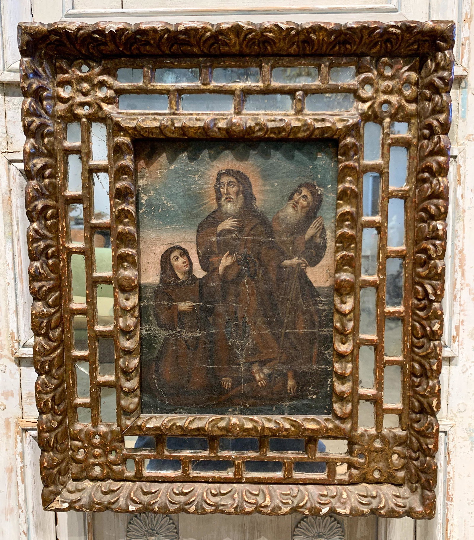 17th Century Spanish Colonial Oil Painting: Of Saints. In Pierced Gilt Frame, Good Antique Condition (painting Has Old Tears Etc) 23 X 10 Overall