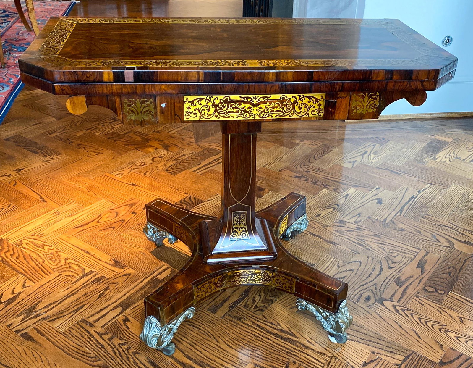 English Period Regency Rosewood Games Table: 36 X 18 X 29 (open 35.5 X 36); See Photos For Minor Loss. Felt Interior, On Casters, Brass Inlays, C. 1850