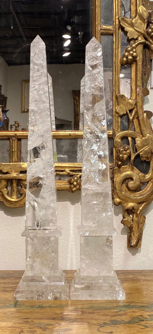 Pair of Rock Crystal Obelisks: 18 X 3.5 One is slightly taller due to repair. See photos for break and gluing. Large chip to one base. Still a great pair.