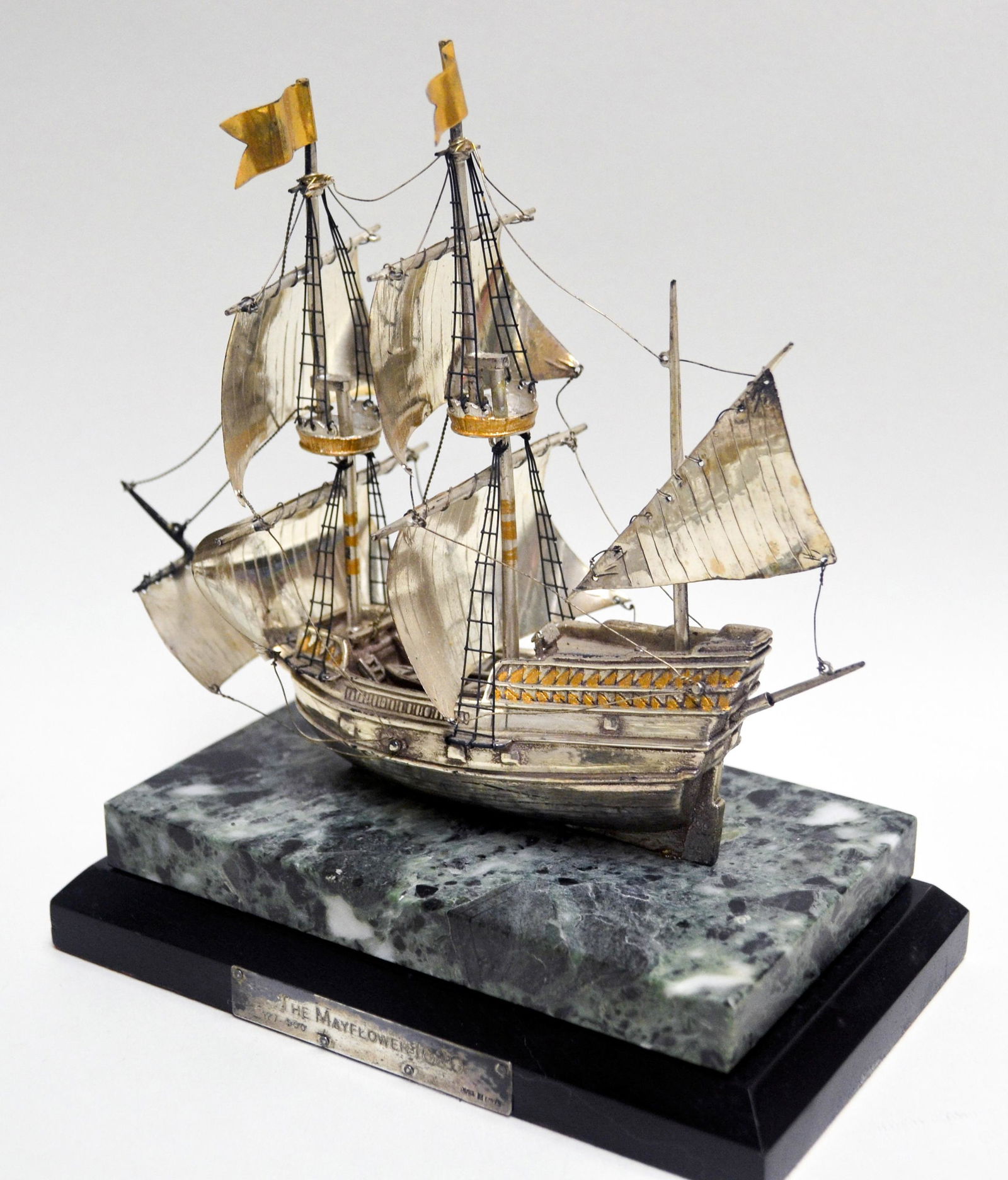 Boehm Mayflower Ship In Silver & Gold: A Limited Edition Of 500 On A Marble Base On Wood. Inscription On Silver Plate, Wood Base. Hallmark: Ls7. Made In Wales. Closed Edition. 6.5h X 6.5w X 3d