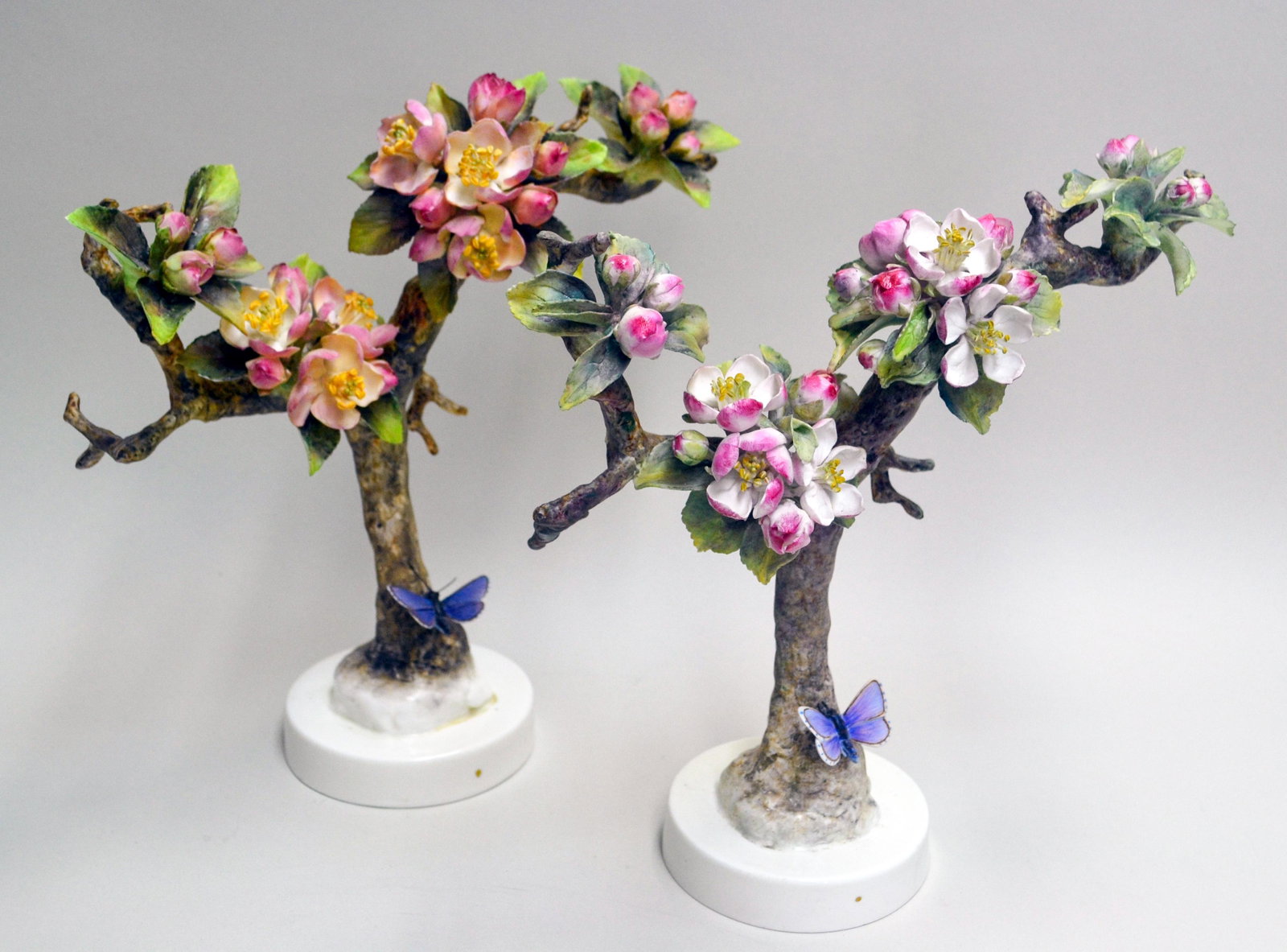 Pair Royal Worcester Doughty Crabapple Sprays: And Butterflies. English Fine Bone China, Decorated. Limited Edition. Hand Created, Hand Painted. 1940. Authentic Hallmark. 10h X 10.5w X 4