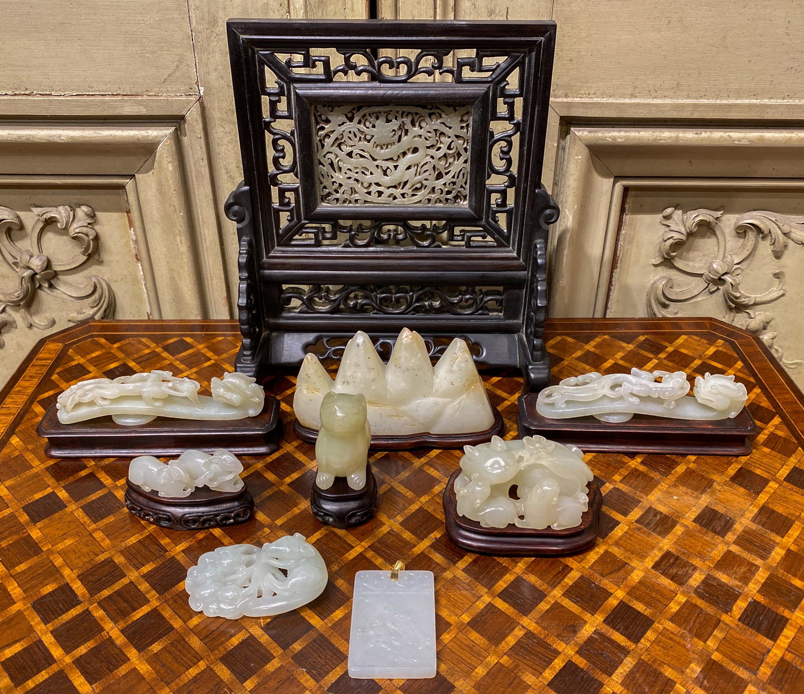 9 Piece Lot Of Carved White Jade: 9 Piece Lot Of Chinese jade Including Pendant. Screen Is 8.25x7.5 most with rosewood stands. See Photos For Good Vintage Condition.