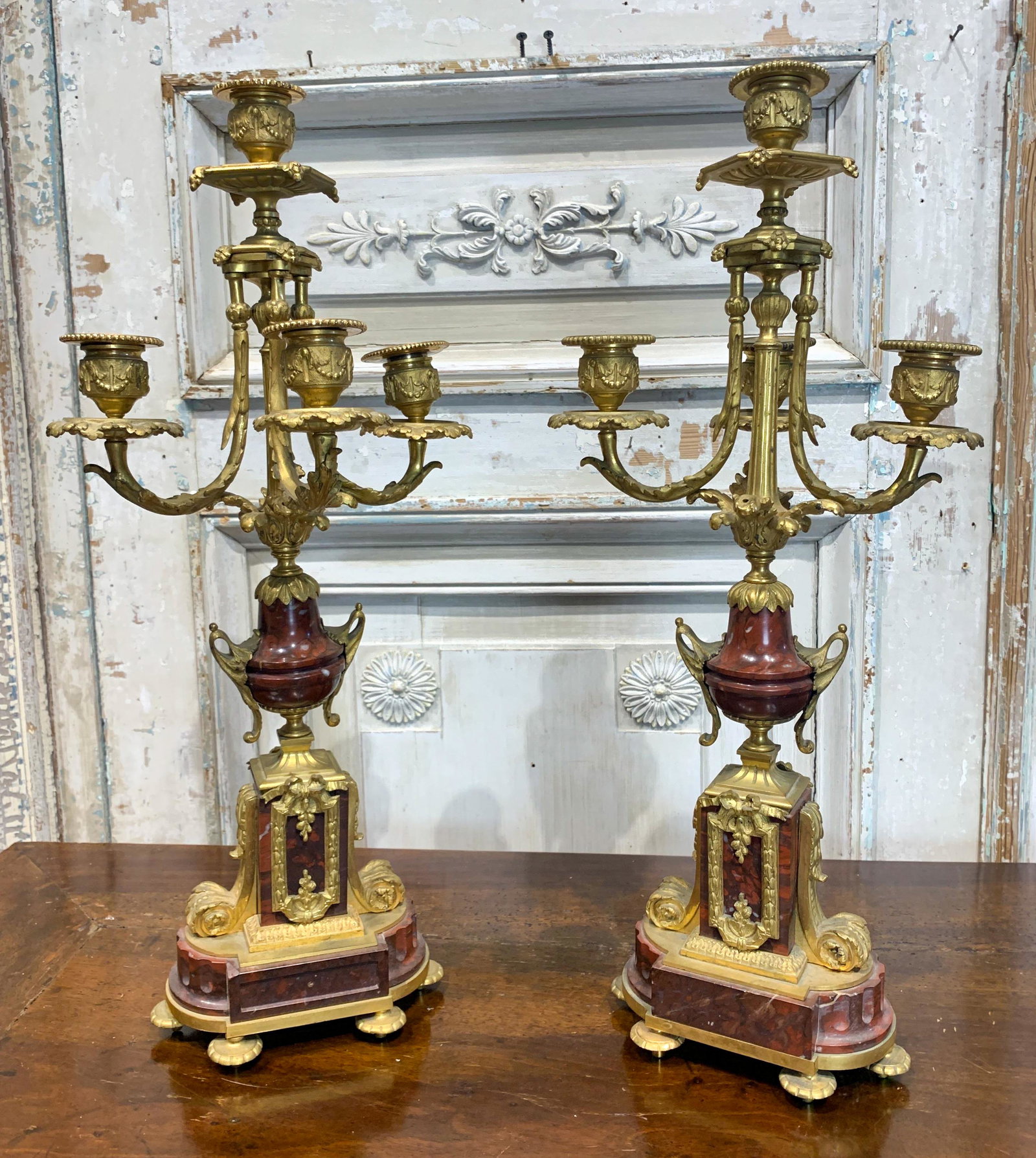 Pair Of 19th C. French Bronze Candelabra: C.1880. 21 H (companion clock is lot 123)