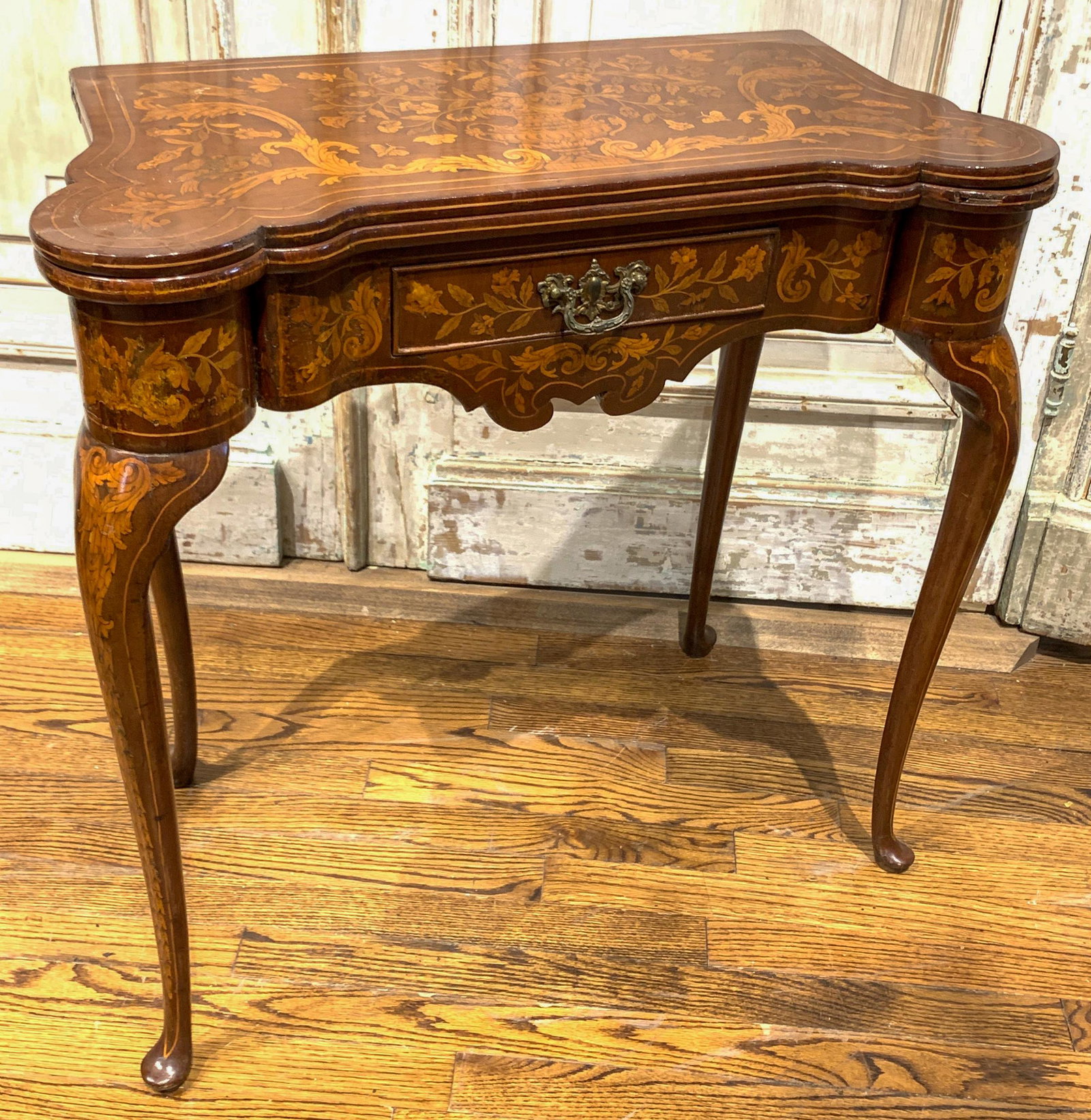 Nice Dutch Marquetry Games Table: Queen Anne, Mahogany With Satinwood Inlays; C.19th C. 29.5 H X 30 W X 14 D