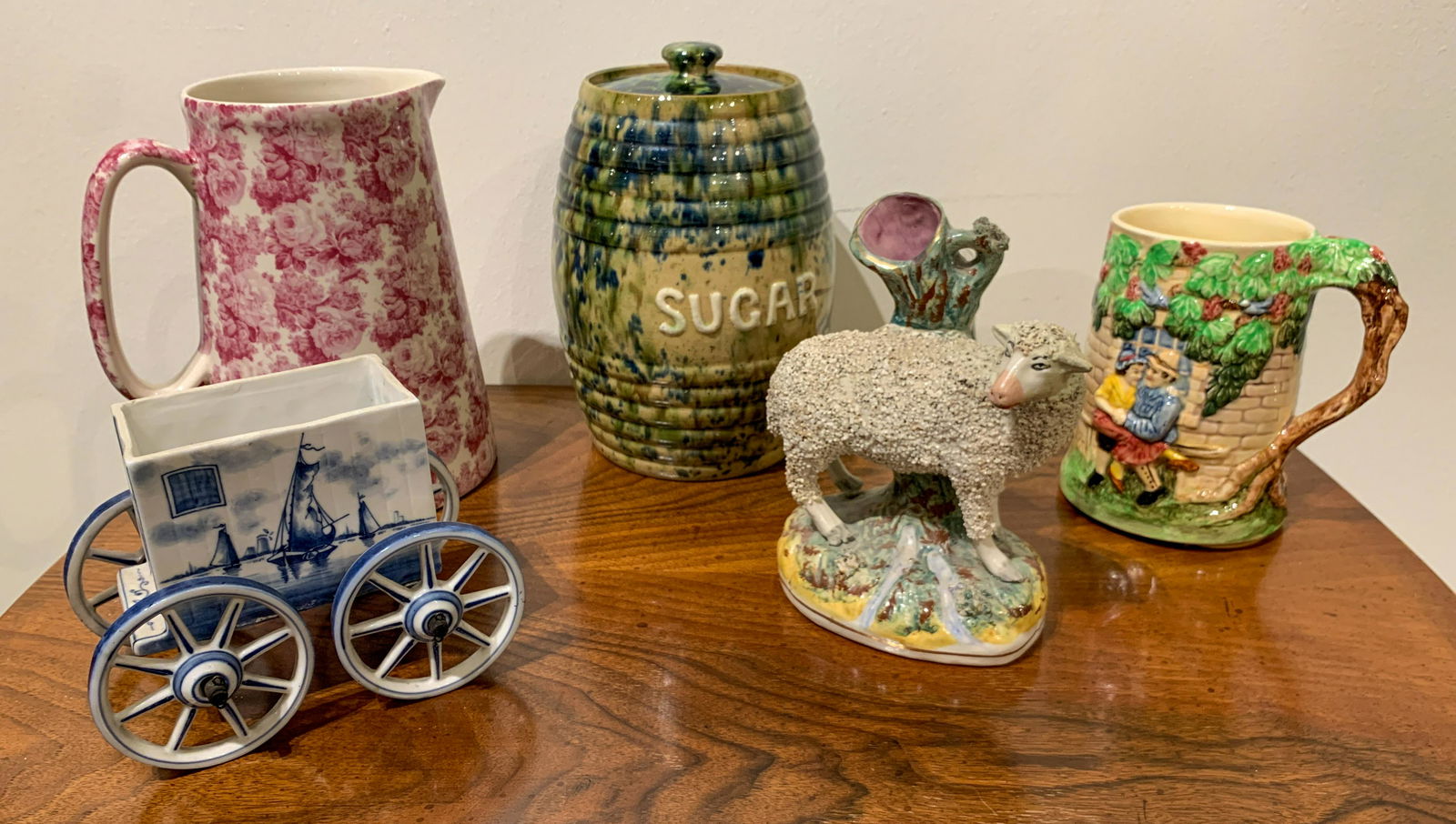 5 Pc Porcelain Lot Inc. Rare Portobelloware: Cougar Barrel; Rockingham Sheep And Music Other All Good Condition. With A Musical Tankard.
