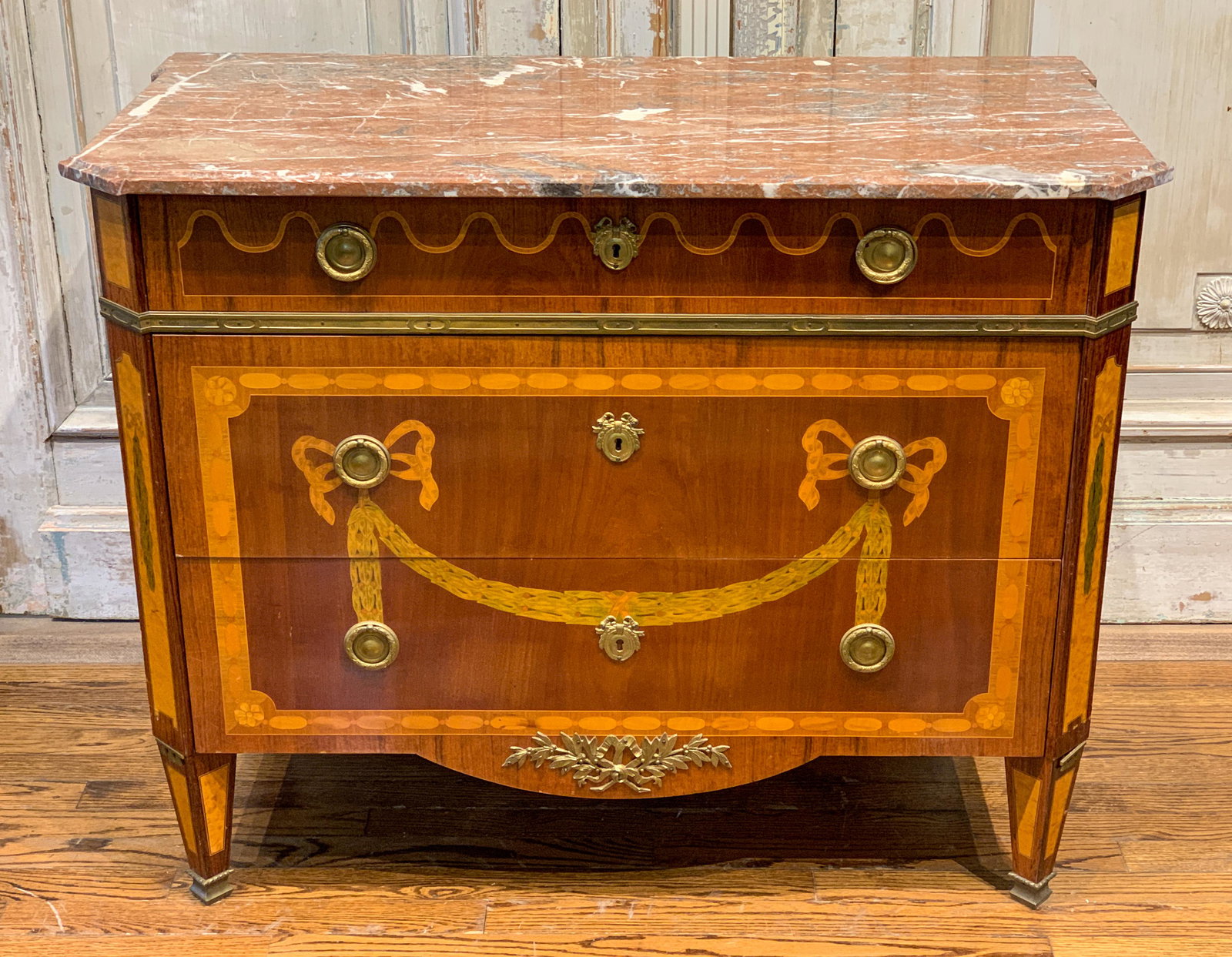 French Neoclassical Inlaid Commode: Mahogany With Marble Top. Circa 1940. 40w X 20d X 32h