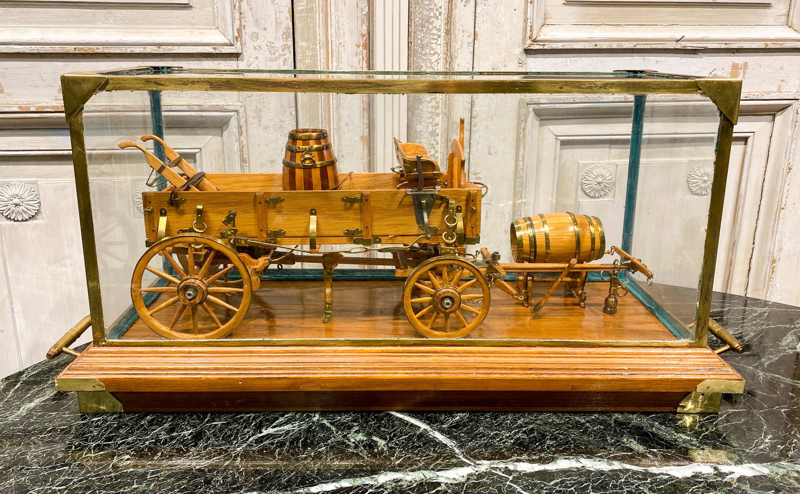 Exceptional Maple Distillery Wagon In Case: Encased In Brass And Glass Case; Of Extraordinary Scale And Detail 32x13.5x11.5 Very Good Condition