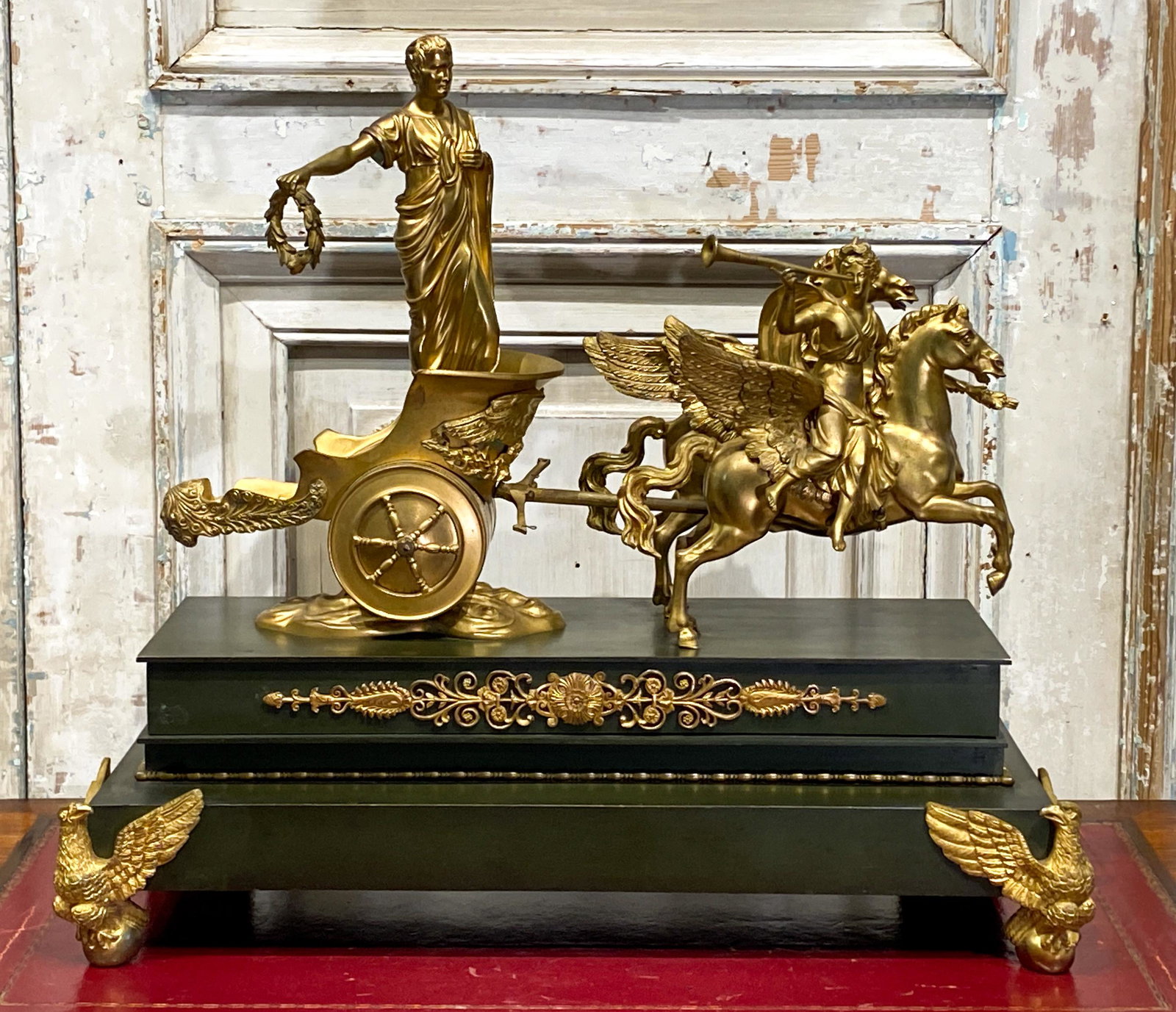 French Empire Style Subject Of Cesar On Chariot: Gilt Bronze On A Patinated Bronze Base, Fine Quality, C. 1890 21x8x22