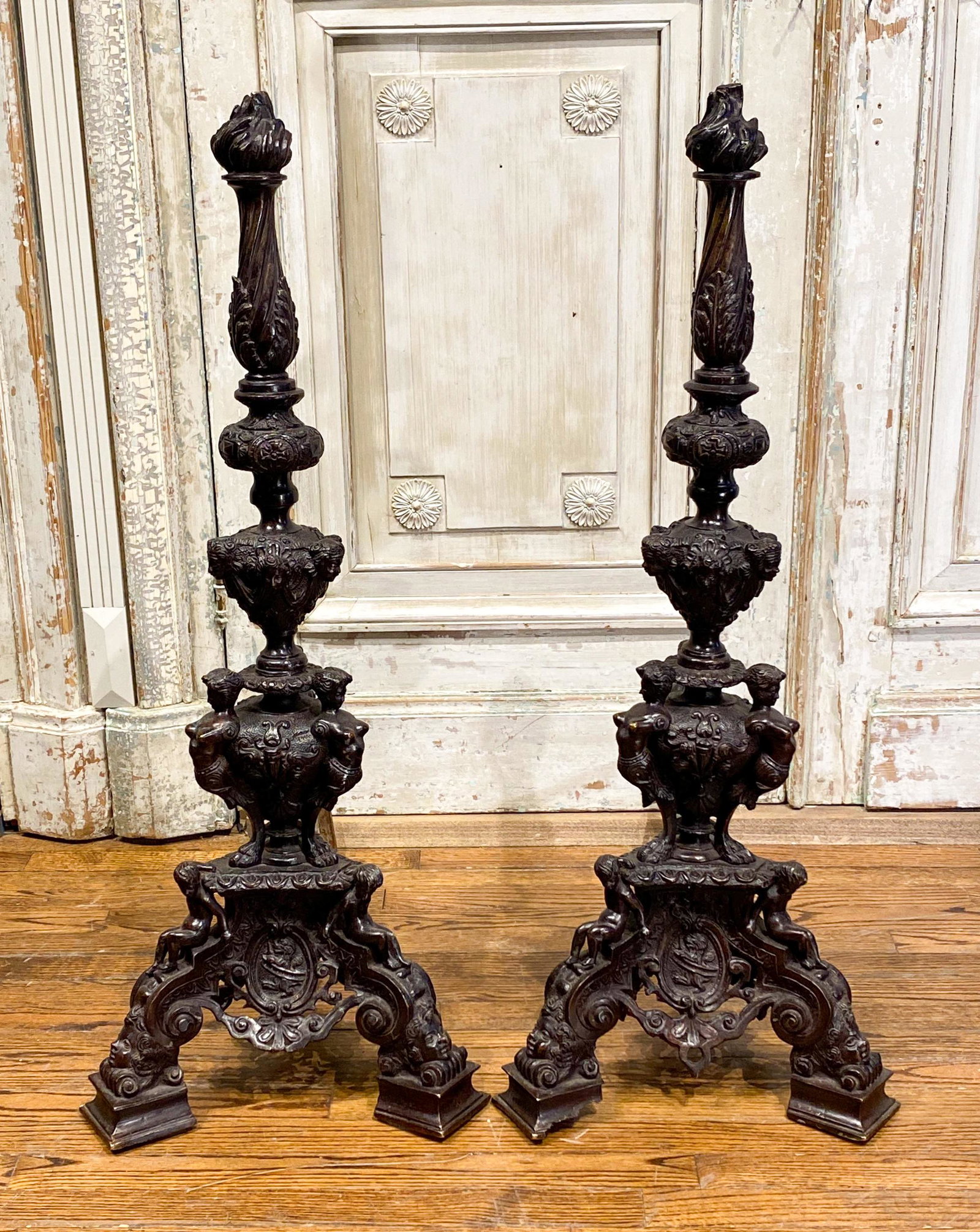 Large Pair Of Ornate Bronze Andirons: 41x17.5x28d