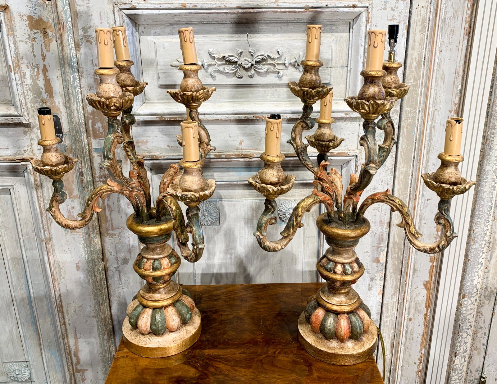 Pair Of Italian Polychrome 6 Light Candelabra: 20th C, Electrified, 25 H X 16 W