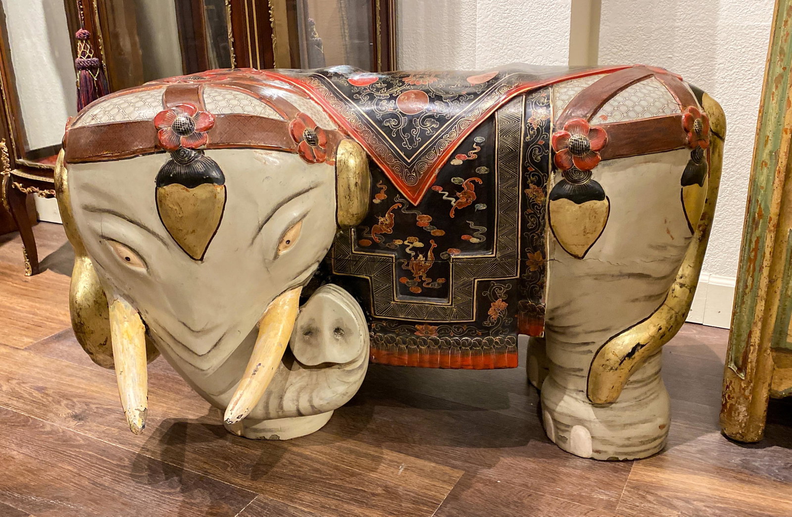Vintage Painted Chinese Elephant Seat: Heavy, Nice As Stool Or Side Table 38x26x23