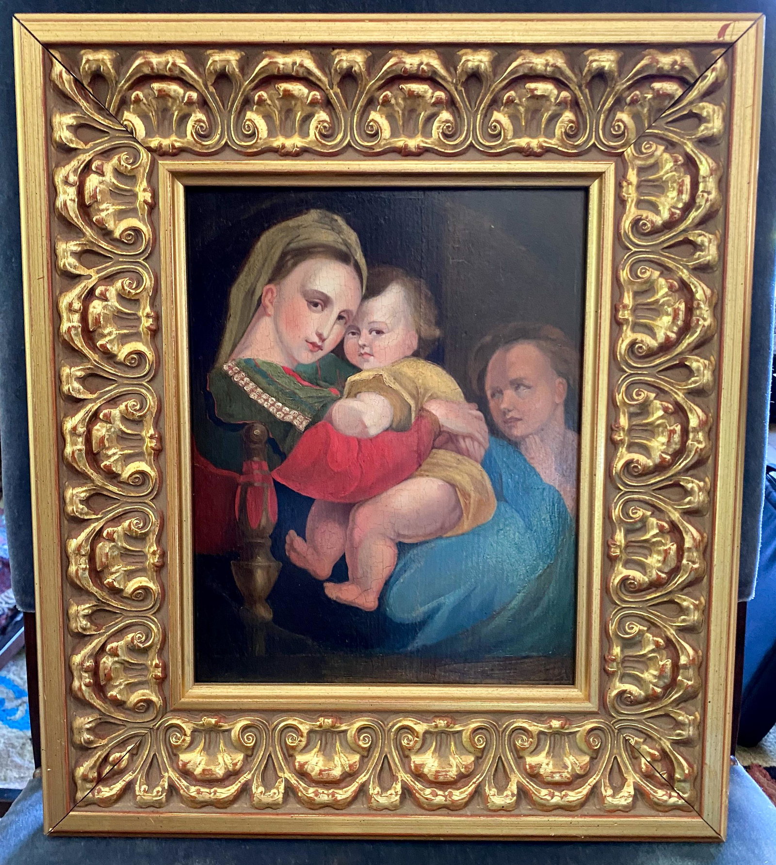 Oil On Board Mother & Child, Madonna: 13x15.5 copy after the Italian artist Raphael Sanzio's "Madonna della sedia" or "Madonna della seggiola" in the Palazzo Pitti, Florence, Italy.
