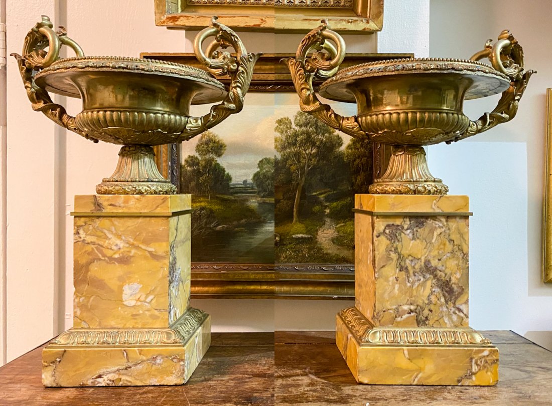 19th C. Pair of Sienna Marble and Bronze Jardineres: 18x15. See photos for good condition, typical scuffs and chips for age as shown
