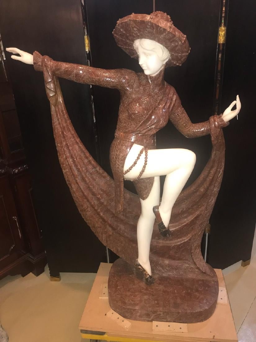 French Art Deco Figural Statue: Fine Quality Portrayal Of A Lady Dancer In Highly Detailed Rouge Marble Attire With Sash And Beads. The Face, Hands, And Legs Carved Of Superb White Carrara Marble. A Piece Deserving Of Admiration. Go