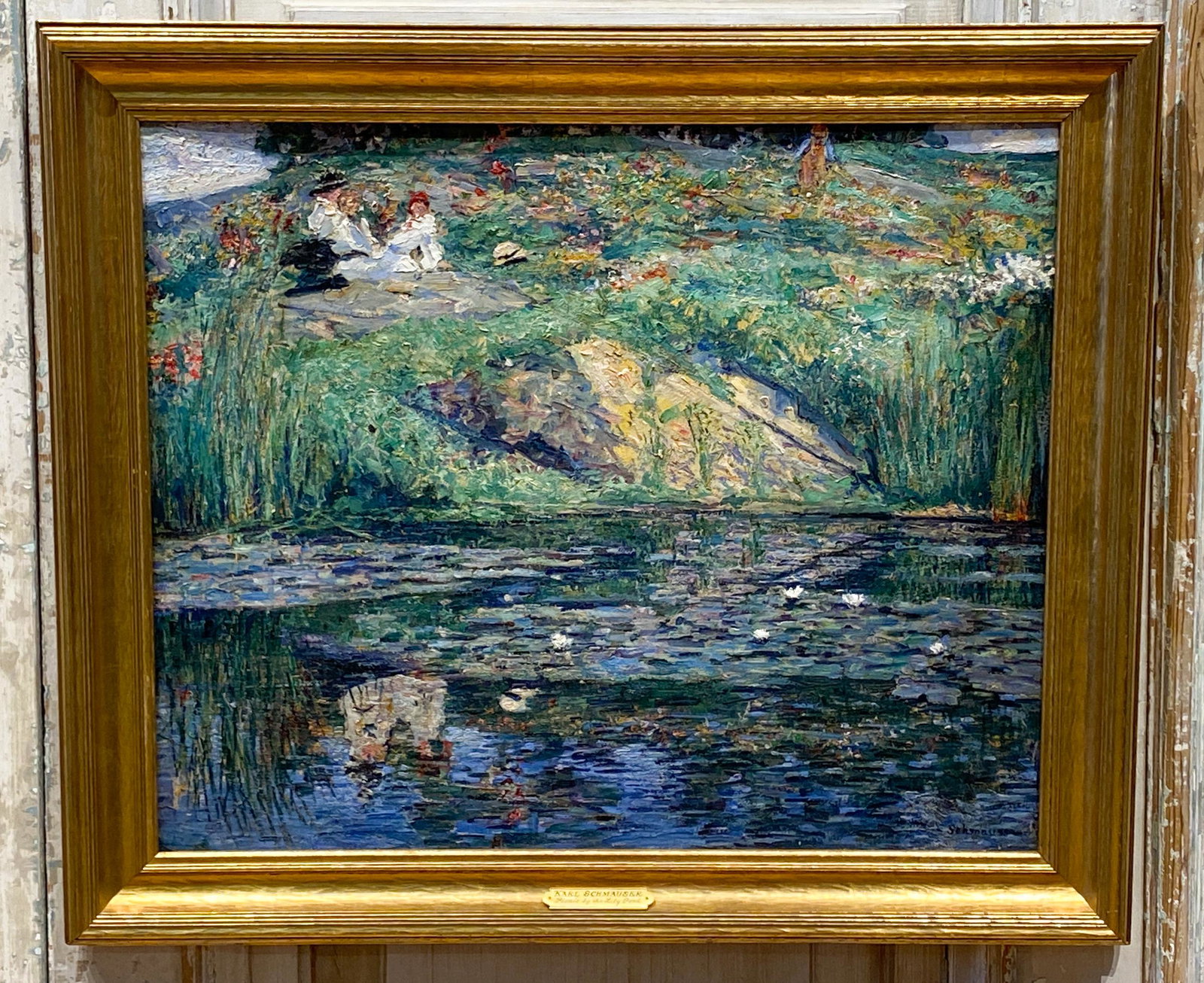 Karl Schmauser, German 1883 -: Figures Beside A Lily Pond, Oil On Board 20x24 Nice Condition. Could be Peter Schmauss. Onus is on purchaser to determine and authenticate. Appraisers differ in opinion. See photos for signature vs pl