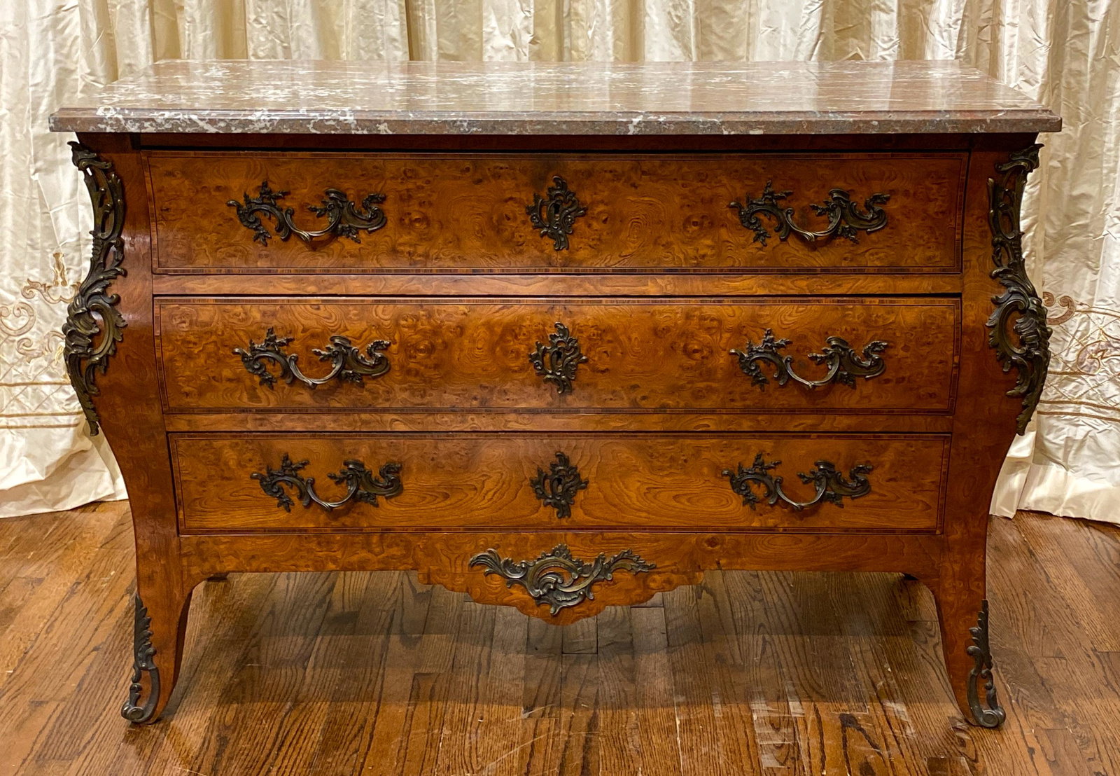 Exquisite French Louis Xv Burl Walnut Commode: With Heavy Quality Bronze Hardware And Marble Top, Excellent Condition 51 X 21 X 36.5 Late 19c