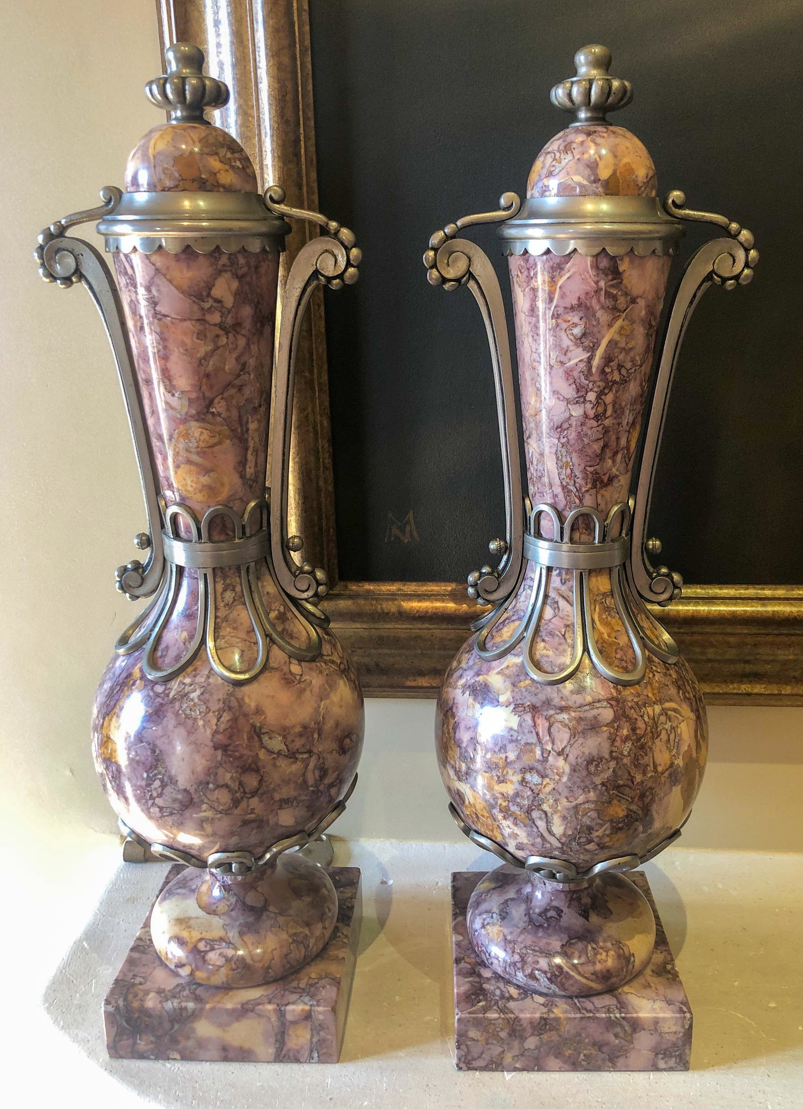 Pair Of Rouge Marble Cassolettes, 19th Century: from Paris 5 X 5 X 20.5 With Bronze Mounts, in good condition
