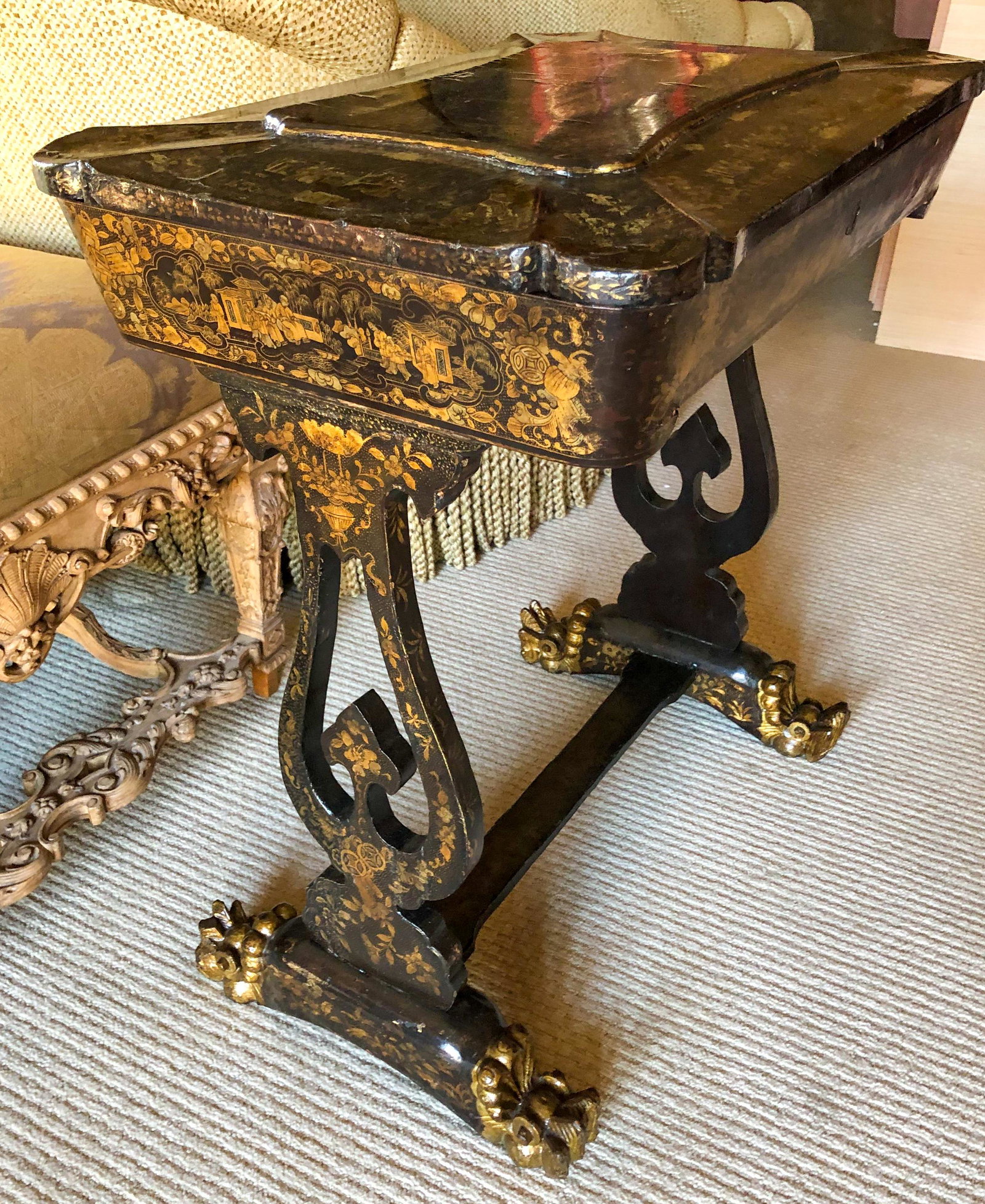 Regency Chinoiserie Sewing Table: Black Lacquered, English Made. 19th C Good Condition 16 X 24 X 27