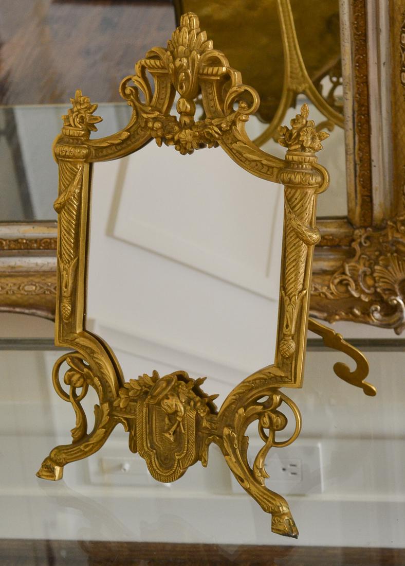 Antique French Bronze Vanity Mirror: Detailed Castings With Gold Wash Finish, 19th Century. Excellent Condition 18 X 11.