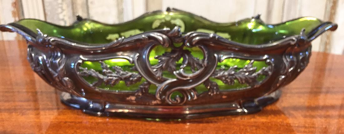 European Silver-plated Centerpiece: Inset With A Green Tinted Glass Liner. 18 X 10 X 5 High.