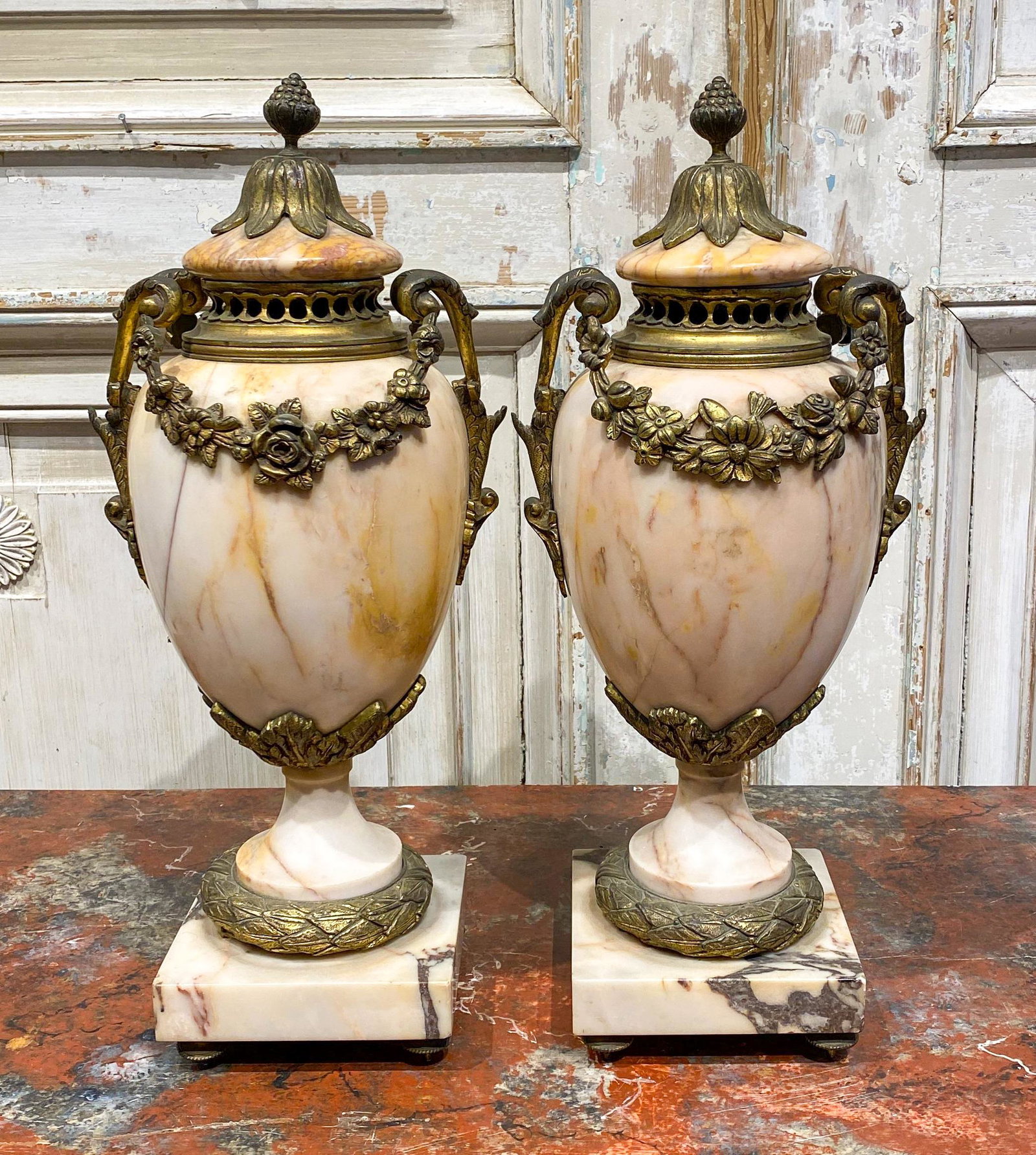 Pair Of Marble Cassolettes: With Bronze Mounts 17.5x7 See Photos For Condition